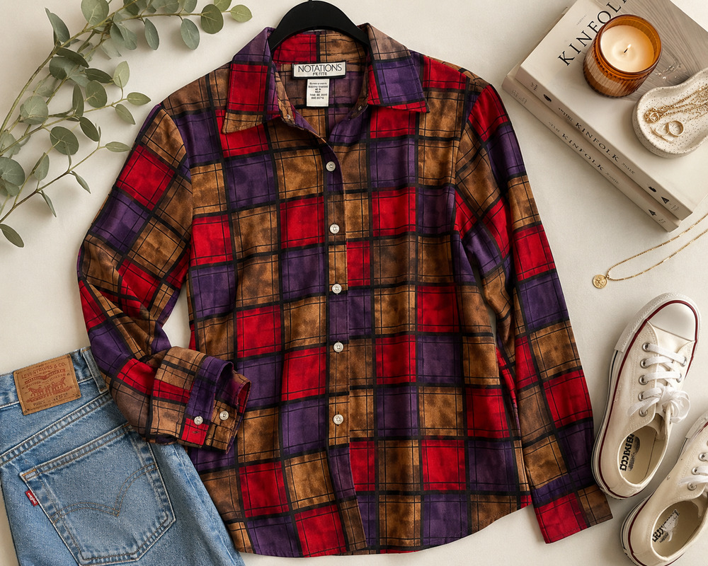 Vintage Notations Petite Abstract Plaid Button Up Blouse Size 8P Retro Grunge